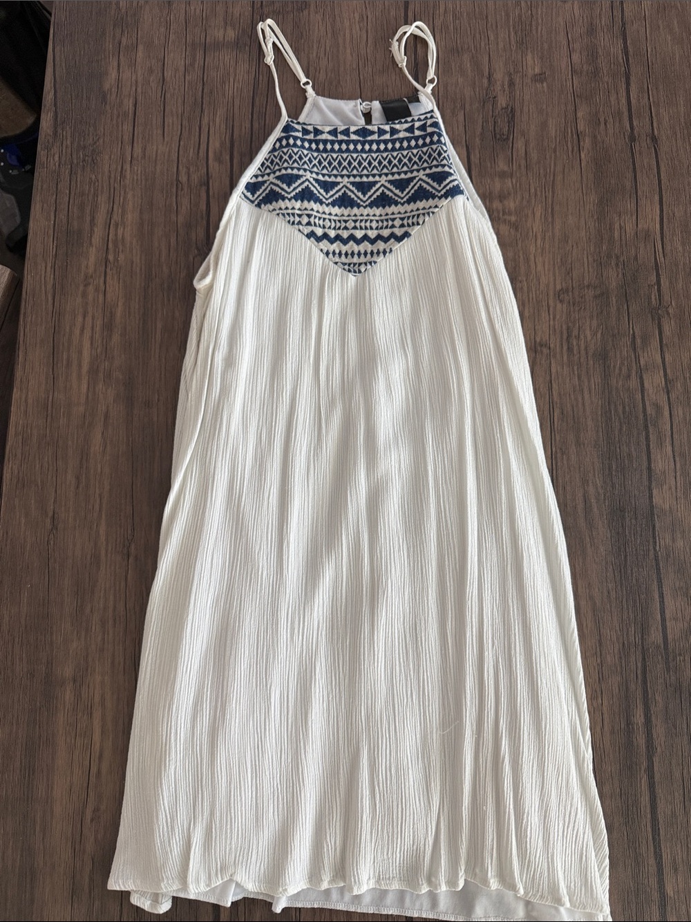 White Maxi Dress with Navy Embroidered Halter Yoke